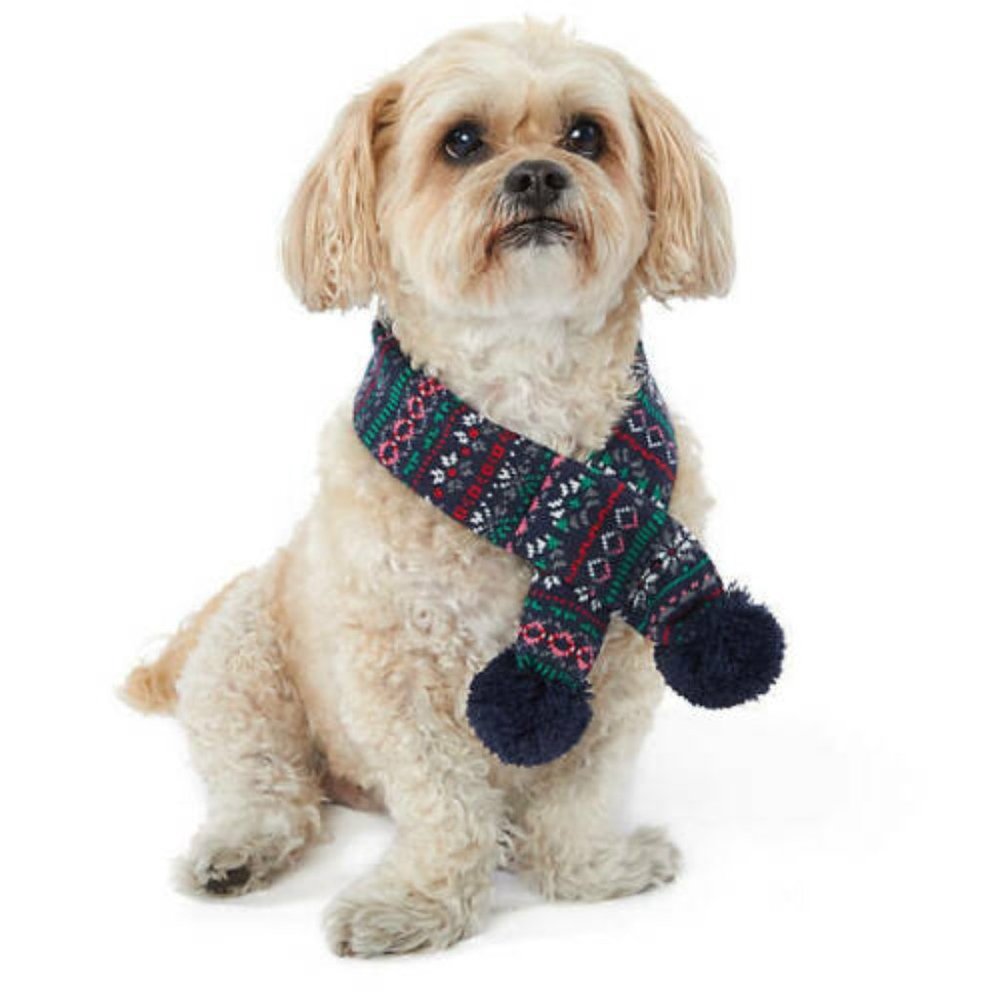 Dog Scarf - Cable Knit Design w/ Blue Pom Poms  LG
